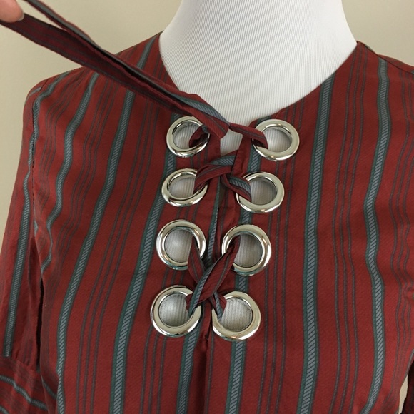 ✨5 FOR $25✨ JOA Los Angeles Red Stripe Lace Up Lone Sleeve Top - Picture 2 of 8